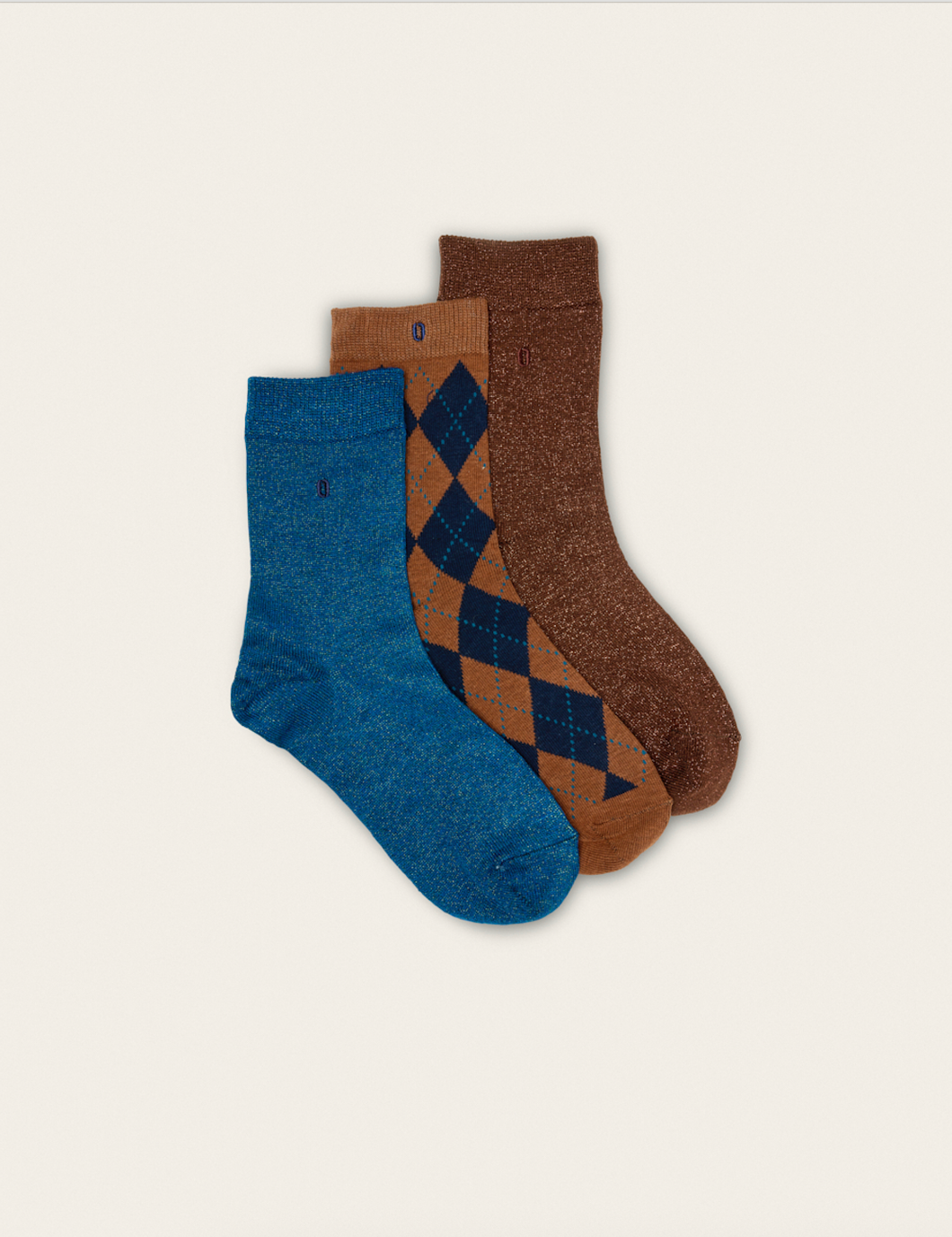 Pack de 3 Chaussettes - losanges et paillettes marron bleu